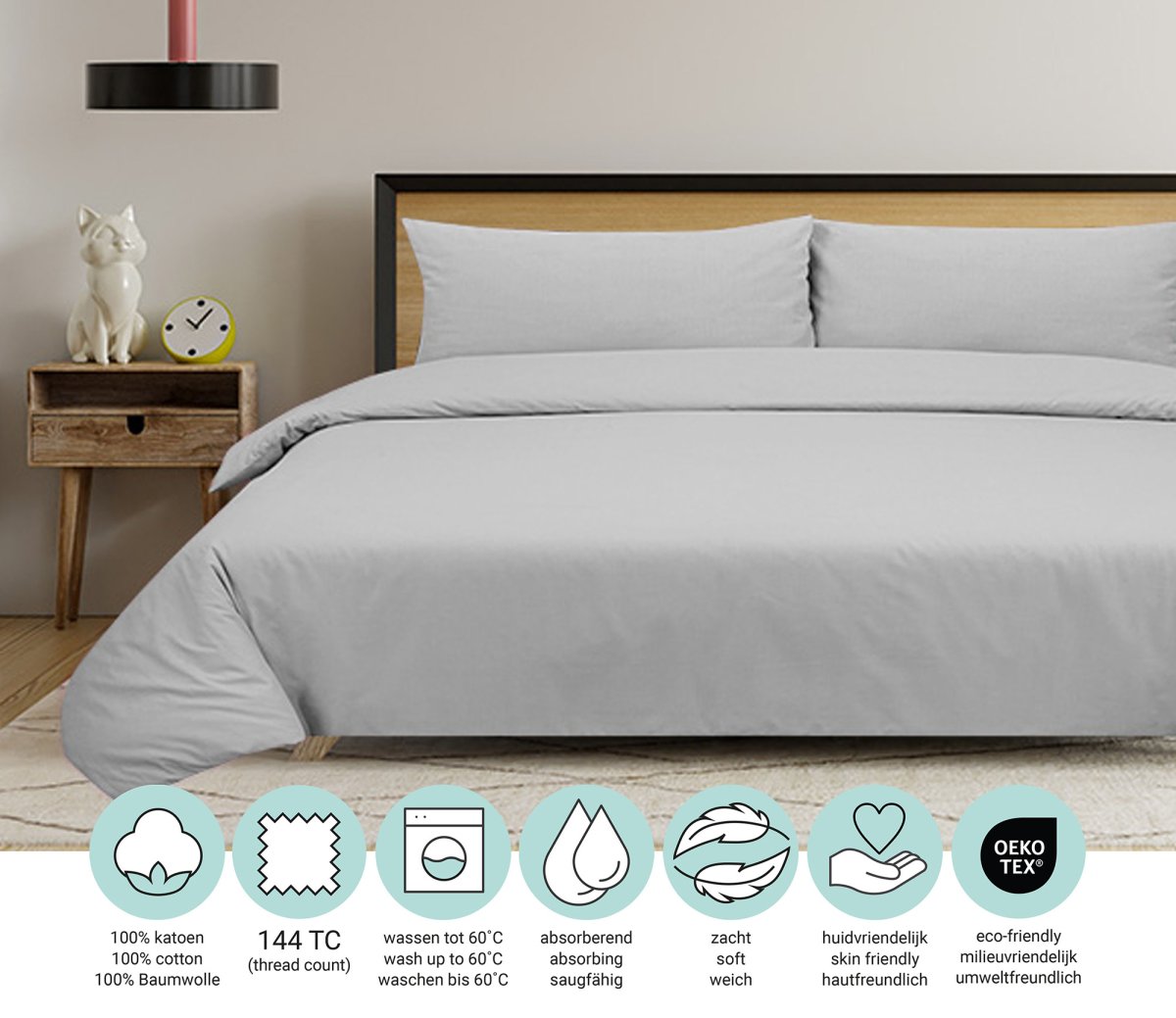 Dekbedovertrek Home – 100% natuurlijk katoen – 200×200/220 – ultra lichtgrijs - Afbeelding 5