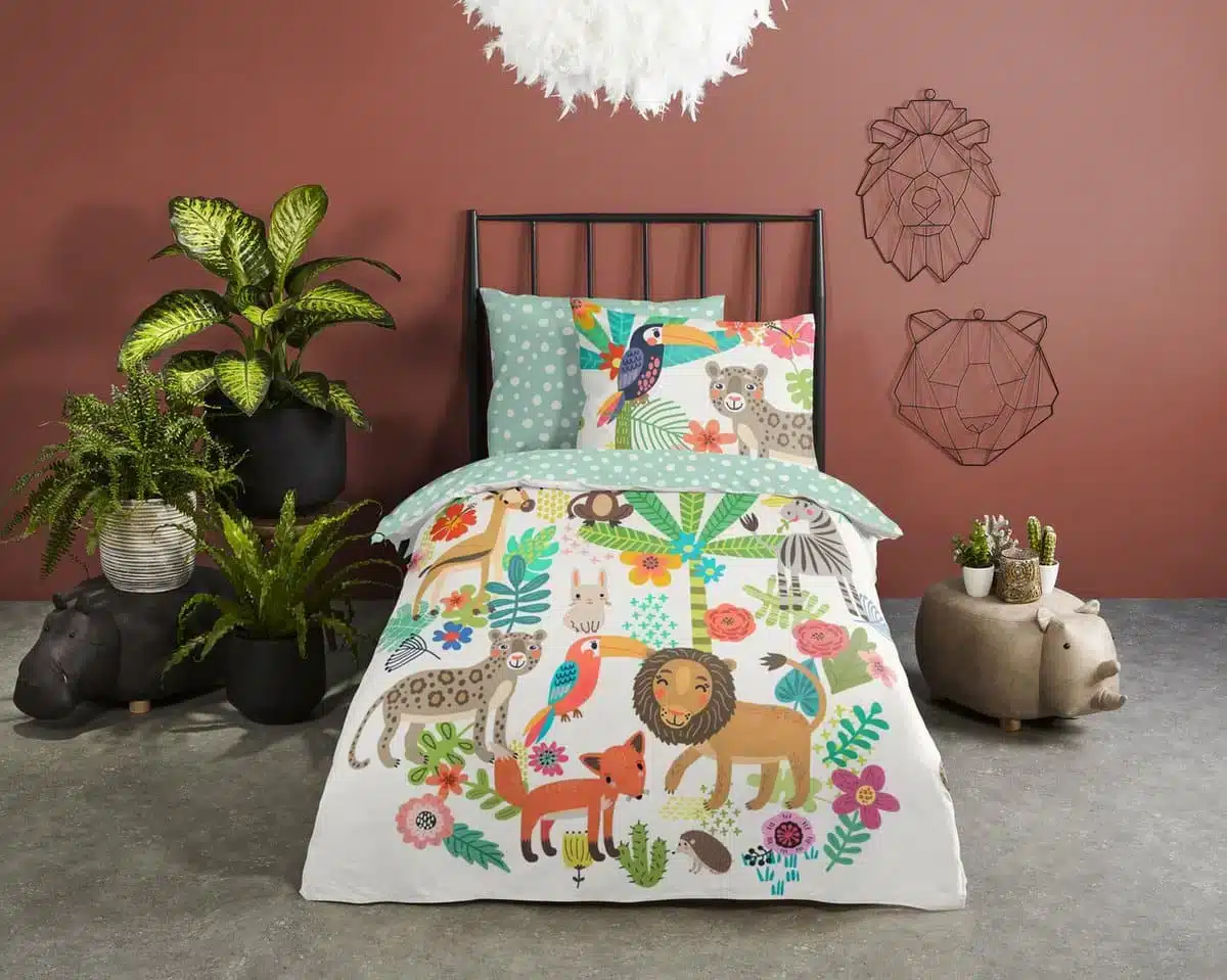 Good Morning Dekbedovertrek Kinderen Happy Tijger leeuw aapje 140×200/220 cm + 1 Kussensloop – 100% Zacht Katoen - Afbeelding 3