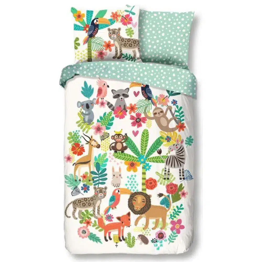 Good Morning Dekbedovertrek Kinderen Happy Tijger leeuw aapje 140×200/220 cm + 1 Kussensloop – 100% Zacht Katoen - Afbeelding 2