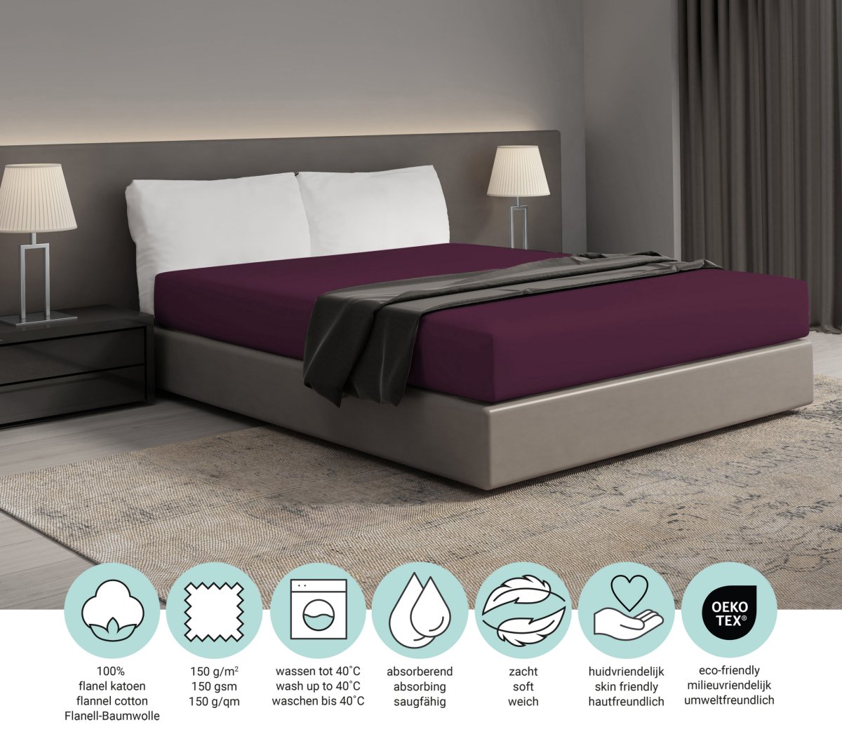 Hoeslaken flanel – 100% katoen – 140×200 – aubergine - Afbeelding 6