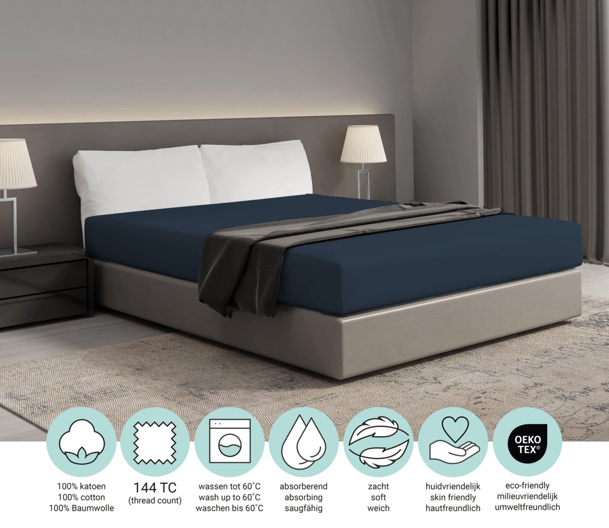 Hoeslaken Home – 100% natuurlijk katoen – 180×200 – antracietblauw - Afbeelding 3