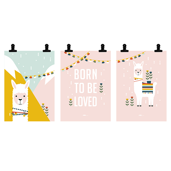 Poster set Lama 3x Kinderkamer | oud roze - Afbeelding 2