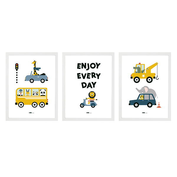 Poster set Dieren Onderweg 3x Kinderkamer | wit - Afbeelding 2